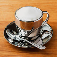 Polished Double Wall Stainless Steel Cappuccino Cup with Saucer (6 oz.) + Coffee Measuring Spoon (10.5cm)