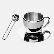 Polished Double Wall Stainless Steel Cappuccino Cup with Saucer (6 oz.) + Coffee Measuring Spoon (14cm)
