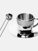 Polished Double Wall Stainless Steel Espresso Cup with Saucer (3 oz.) + Coffee Measuring Spoon (14cm)