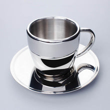 Polished Double Wall Stainless Steel Cappuccino Cup with Saucer (6 oz.) + Coffee Measuring Spoon (10.5cm)