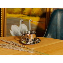 Polished Double Wall Stainless Steel Cappuccino Cup with Saucer (6 oz.) + Coffee Measuring Spoon (10.5cm)