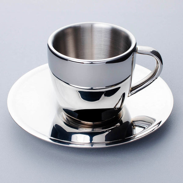 Polished Double Wall Stainless Steel Espresso Cup With Saucer (3oz)